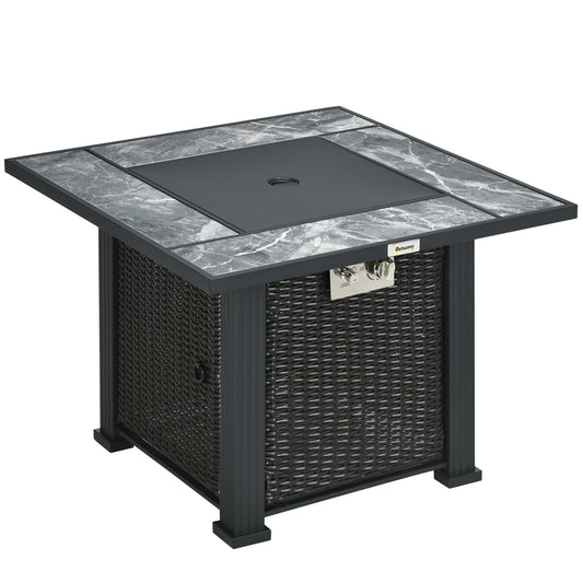 Outsunny Outdoor PE Rattan Gas Fire Pit Table, Patio Square Propane Heater with Marble Desktop, Rain Cover, Glass Windscreen, and Glass Stones, 50,000 BTU, Black