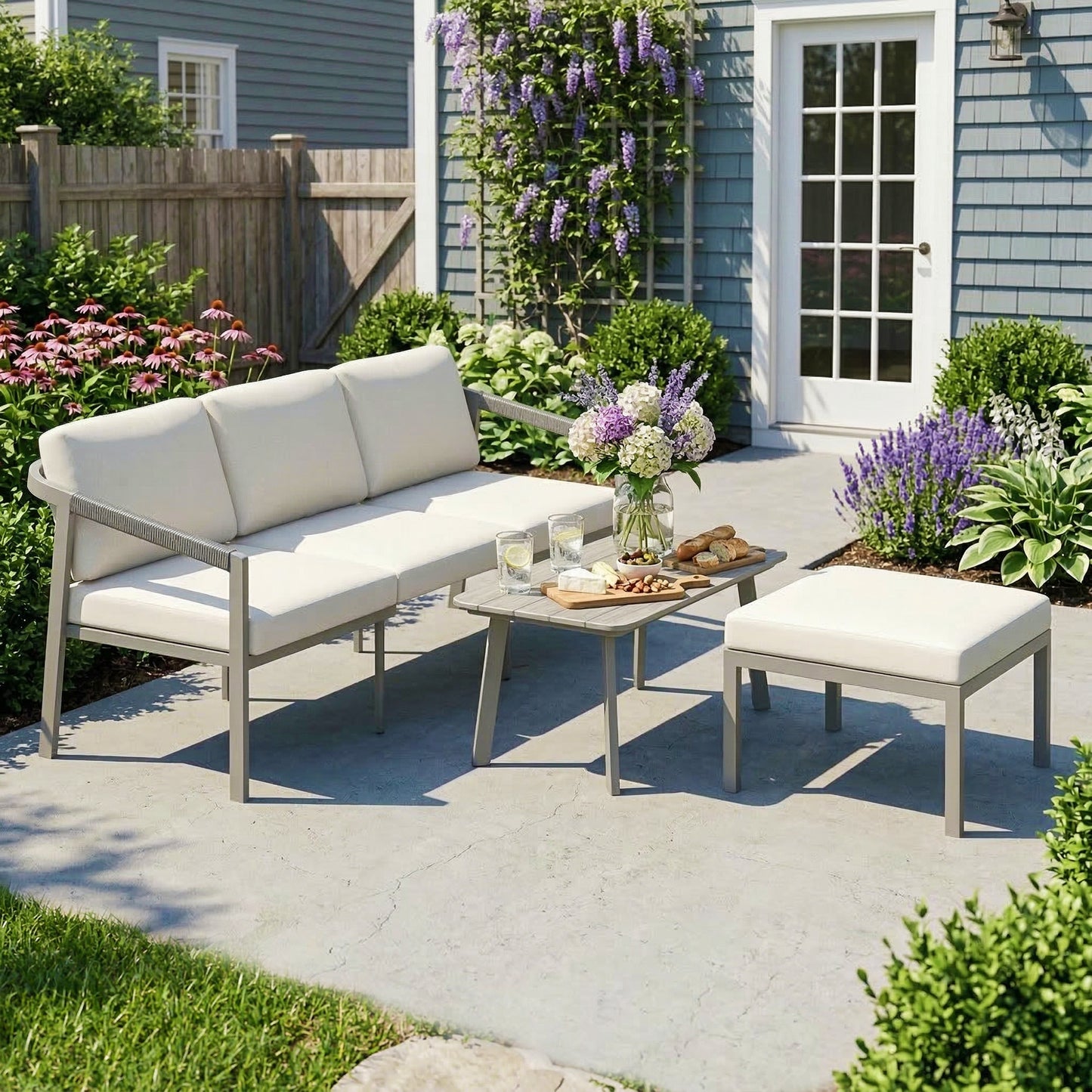 Outsunny 3 Piece Garden Dining Set, Outdoor Patio Furniture with 3 Seater Sofa, Footstool, Coffee Table and Cuhsions