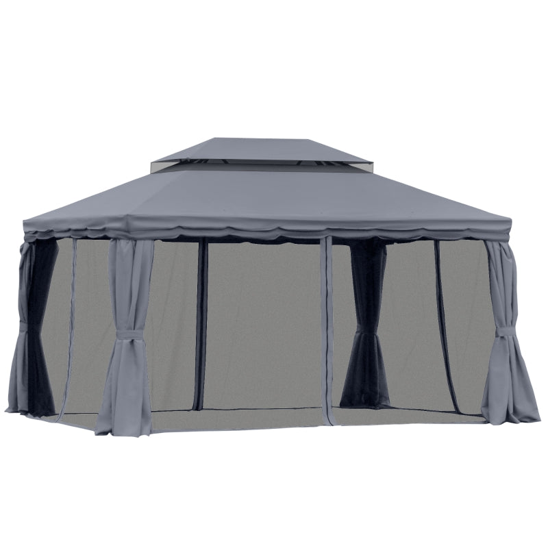 3.9m x 2.9m Dark Grey Aluminium Garden Pavilion – Double Roof Gazebo Canopy with Privacy Curtains, Insect Mesh Netting & Party Shelter Tent