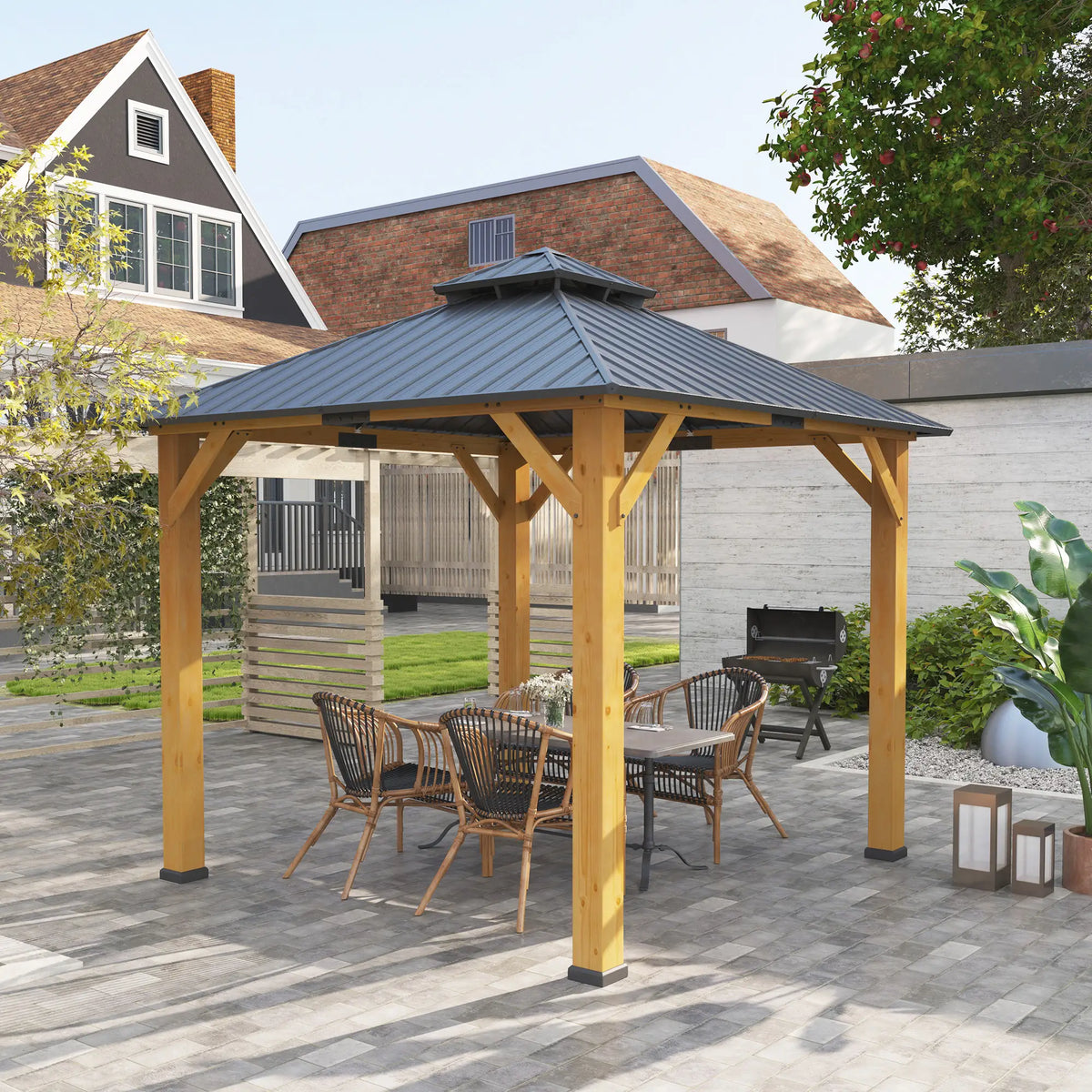 3m x 3m Wooden Frame Hardtop Gazebo with 2 – Tier Galvanised Steel Roof, Aluminium Posts & Grey Outdoor Patio Canopy Shelter