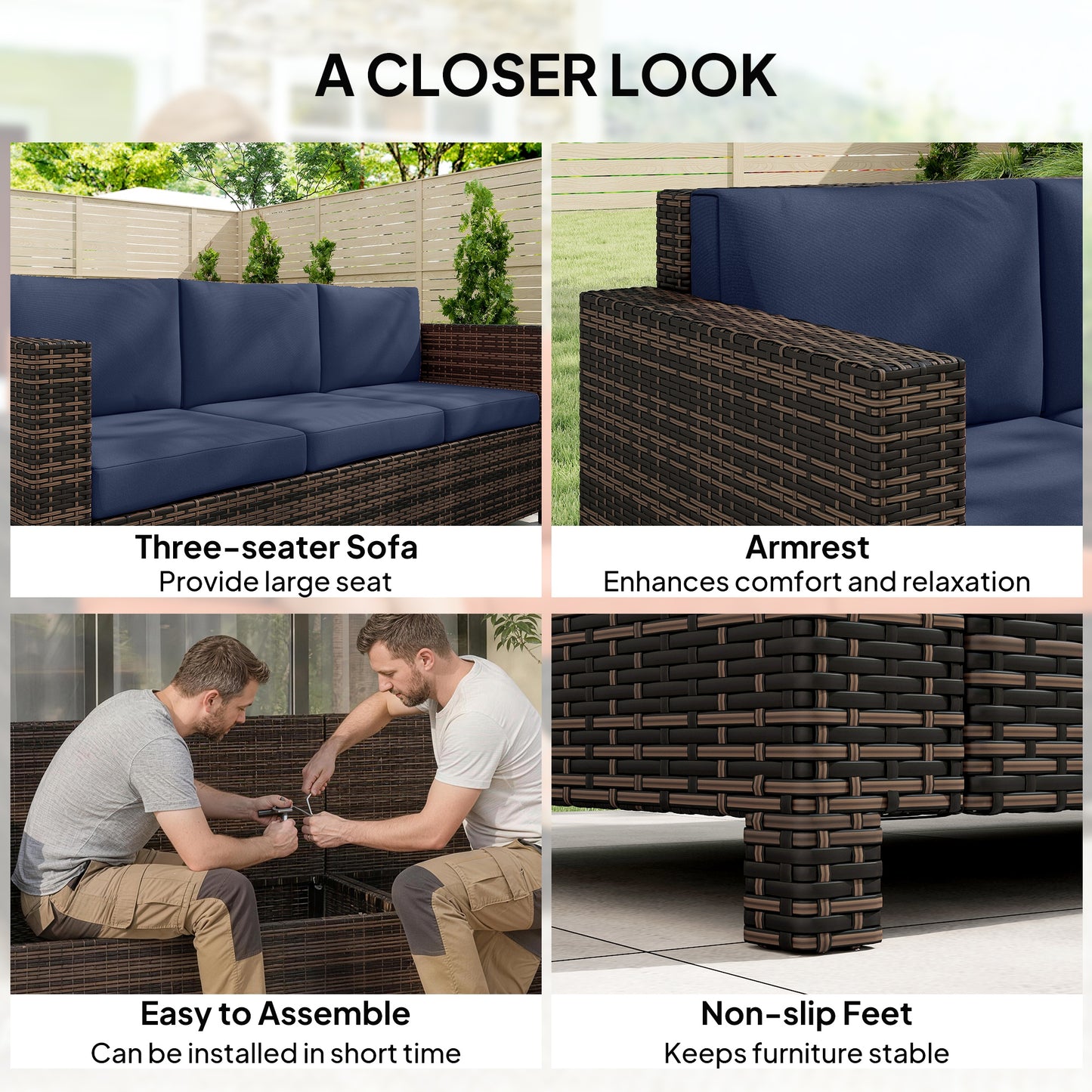 Outsunny 3-Seater Weather Resistant Outdoor Garden Rattan Sofa Dark Blue