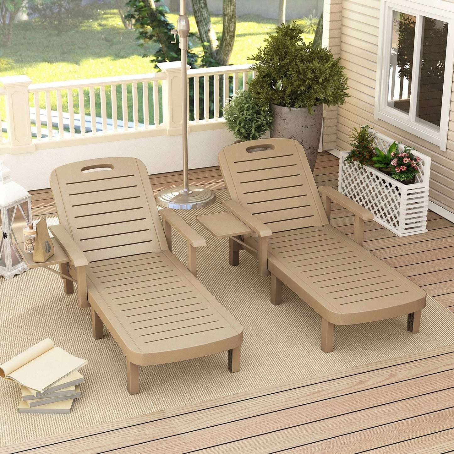 Ibiza Set of 2 Reclining Sun Loungers, 5 Positions Adjustable Outdoor Chaise Lounge Chair with Armrests, Khaki