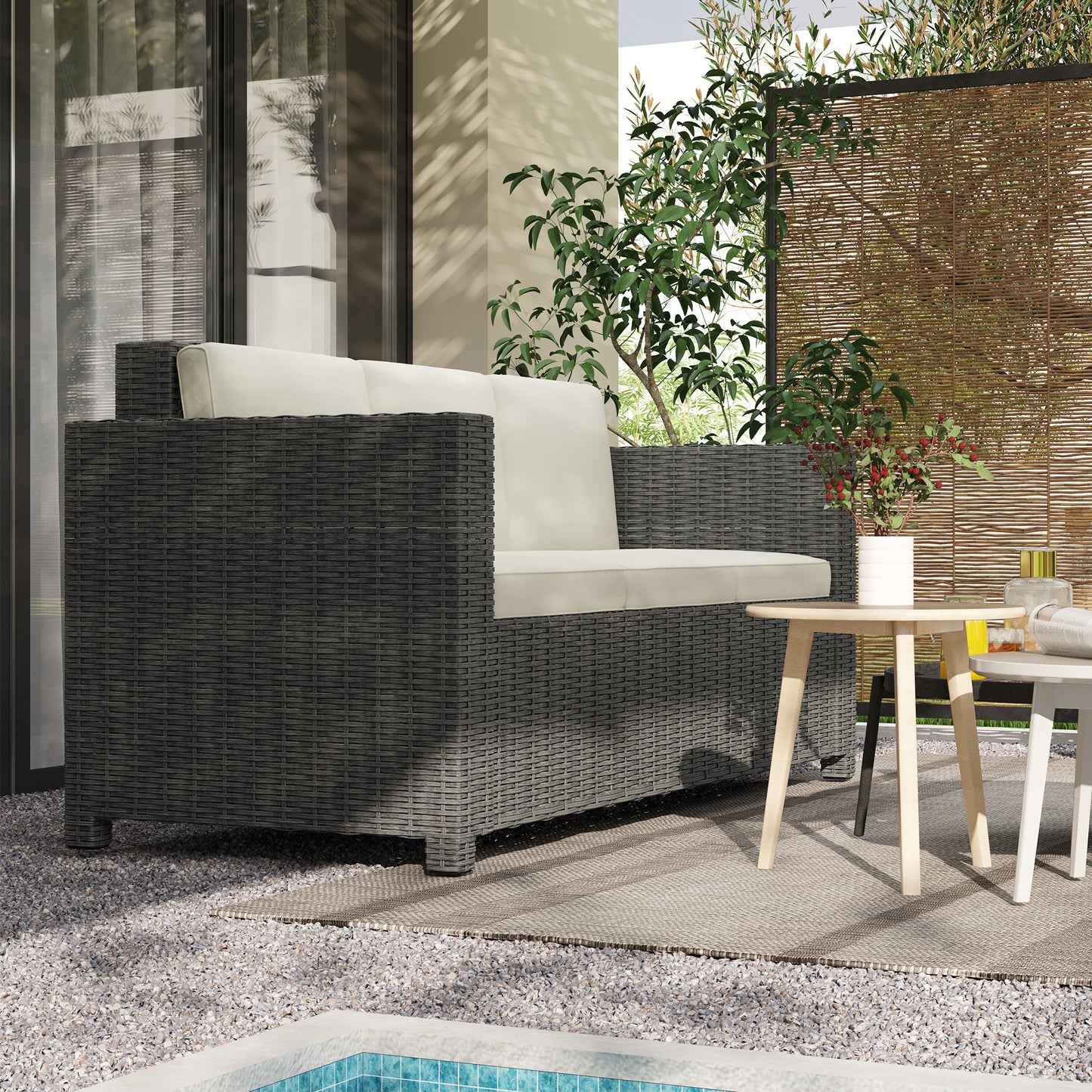 Capri 3 Seater Rattan Sofa All-Weather Wicker Weave Metal Frame Chair with Fire Resistant Cushio-Cream