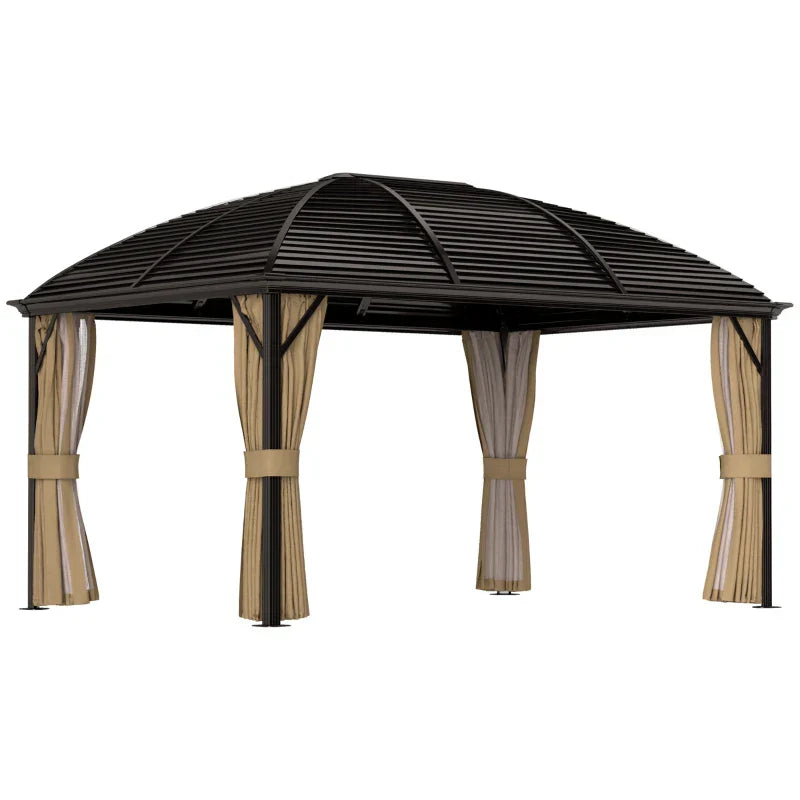 3m x 4m Brown Hardtop Garden Gazebo with Aluminium Frame, Steel Roof, Privacy Curtains & Mosquito Netting – Premium Outdoor Pavilion Shelter