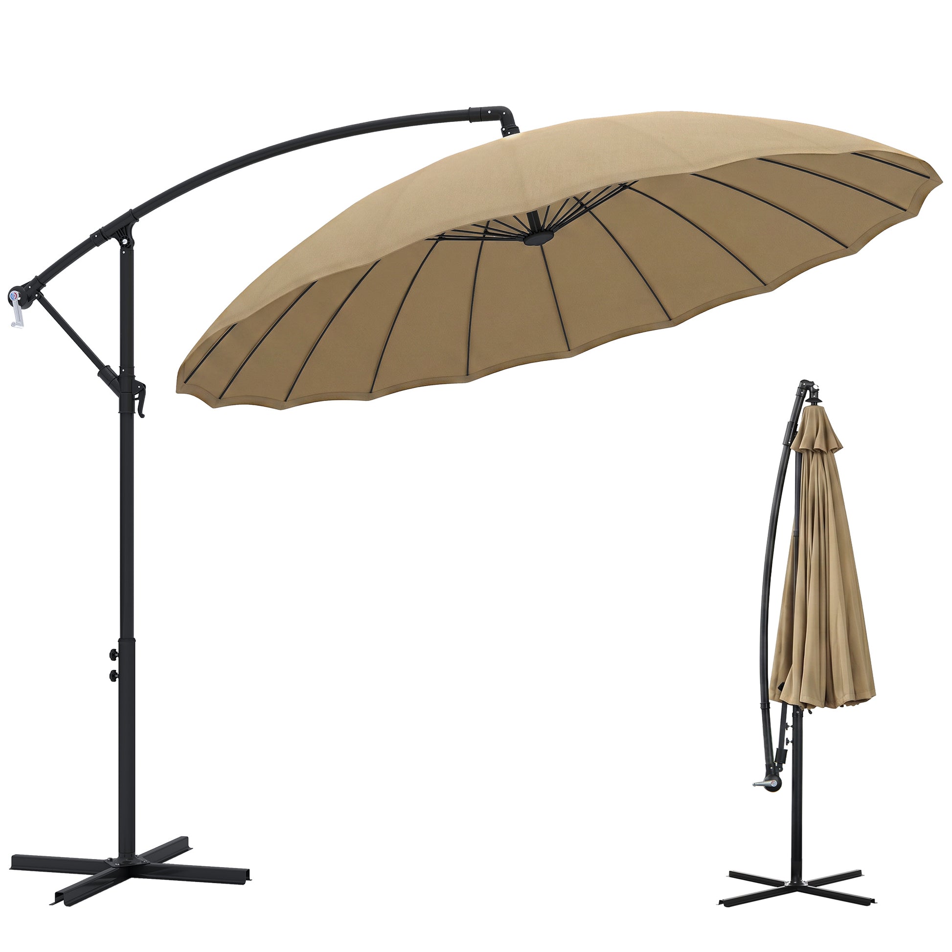 Outsunny 3(m) Cantilever Umbrella 18 Ribs & Vents Adjustable Angle for Patio Khaki