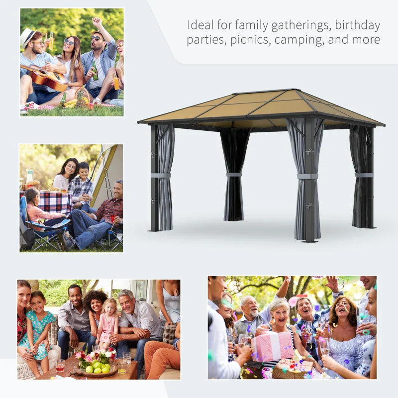 3m x 3.6m Aluminium Hardtop Gazebo - Polycarbonate Roof Garden Shelter with Privacy Curtains