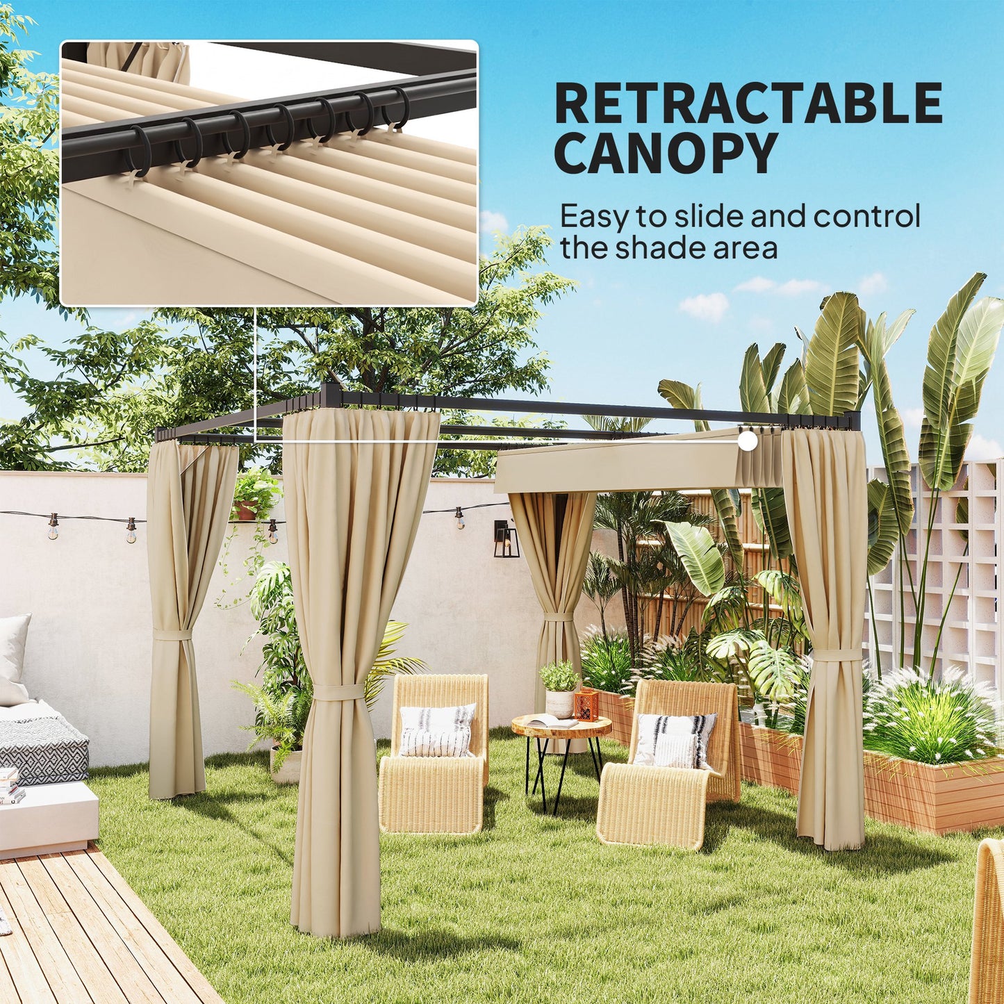Outsunny 3 x 3(m) Retractable Pergola, Garden Gazebo Shelter with Curtains, for Grill, Patio, Deck, Beige