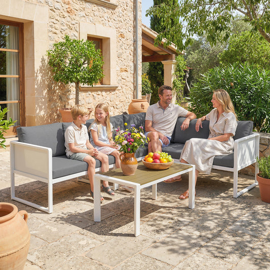 Ibiza 6 Seater Metal Garden Furniture Corner Sofa Set with 3 Loveseats, Faux Wood Table, Texteline Seat, Cushions