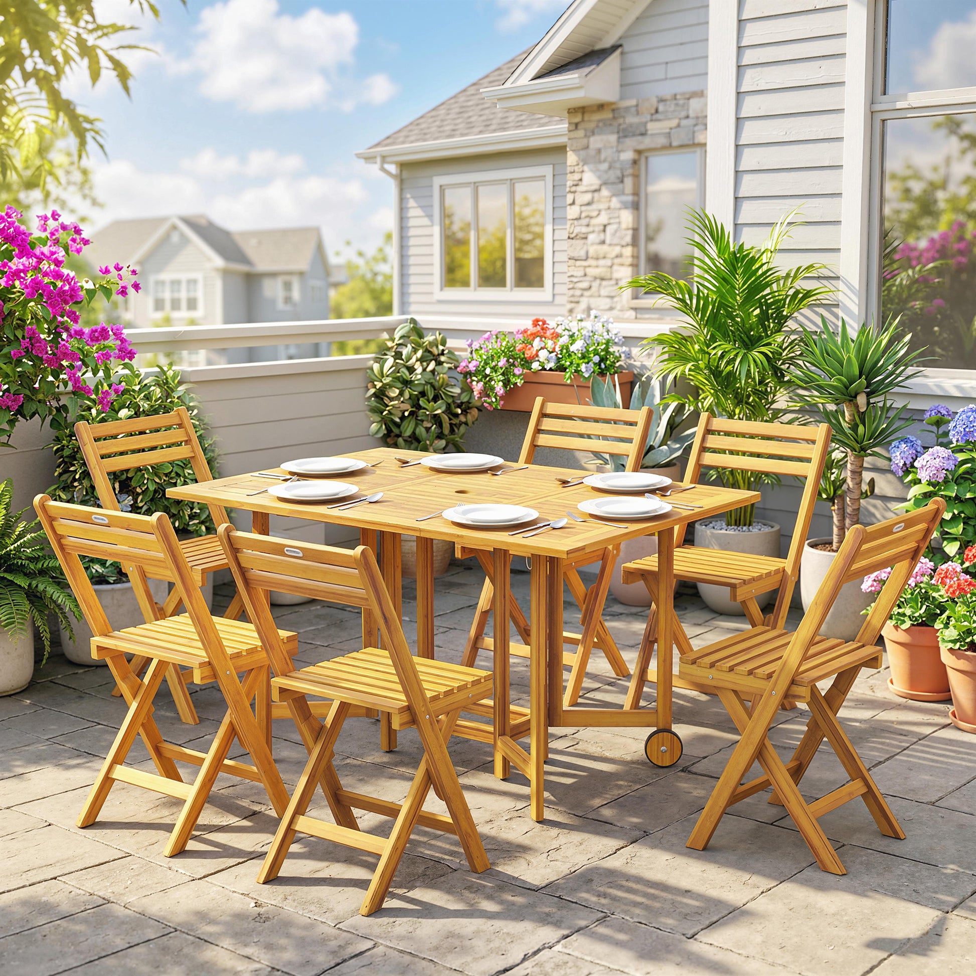 Outsunny 7 Pieces Garden Dining Set, Extending Dining Table and 6 Folding Chairs with Umbrella Hole for Patio, Natural Wood