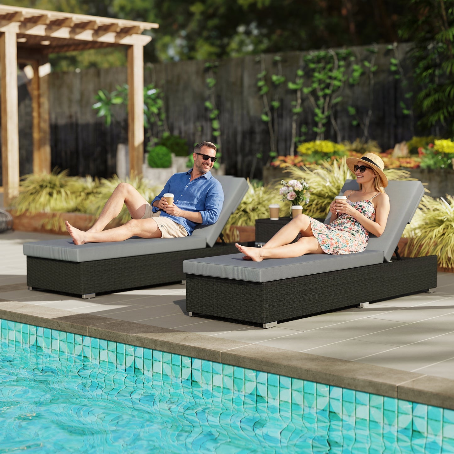 Mediterraneo Rattan Sun Loungers Set of 2 with Side Table, Garden Recliner Sunbeds with Adjustable Back, Cushions