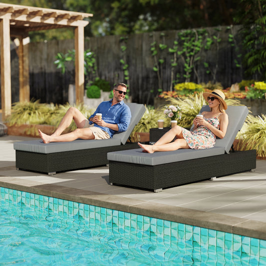 Mediterraneo Rattan Sun Loungers Set of 2 with Side Table, Garden Recliner Sunbeds with Adjustable Back, Cushions