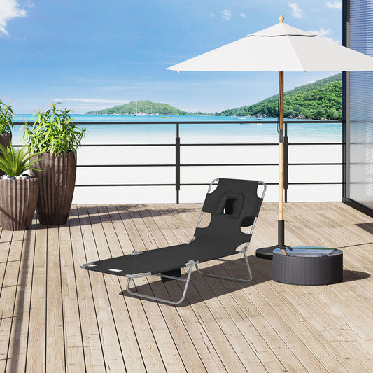 Foldable Sun Lounger, Beach Chaise Lounge with Reading Hole, Arm Slots, 5-Position Adjustable Backrest, Side Pocket, Pillow for Garden, Beach,