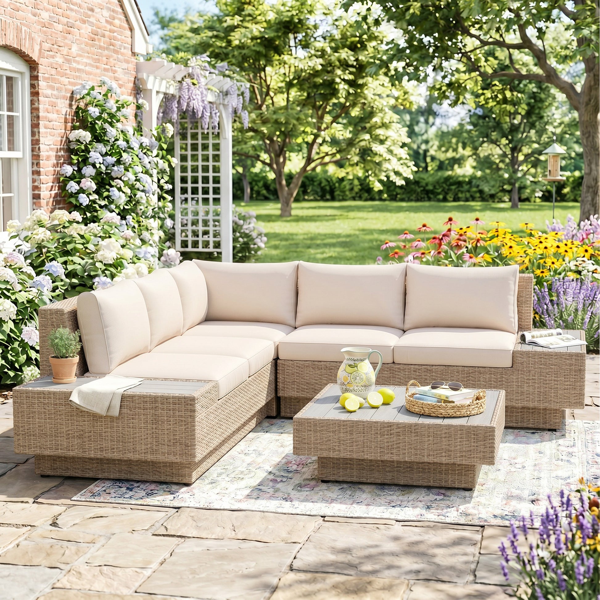 4 Pieces Rattan Garden Furniture Set, Garden Corner Sofa with Side Trays, Wicker Conservatory Furniture Set with Loveseats, Slatted Plastic Top