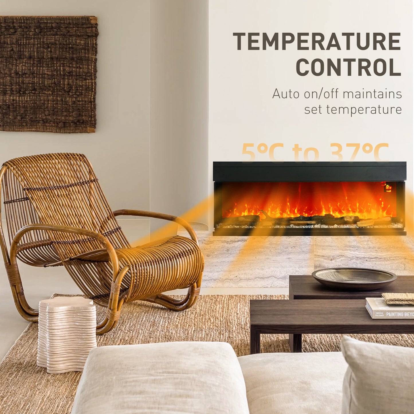 HOMCOM 1800W 15-40°C Adjustable Flame Glass Panel Convector Heater, 127cm