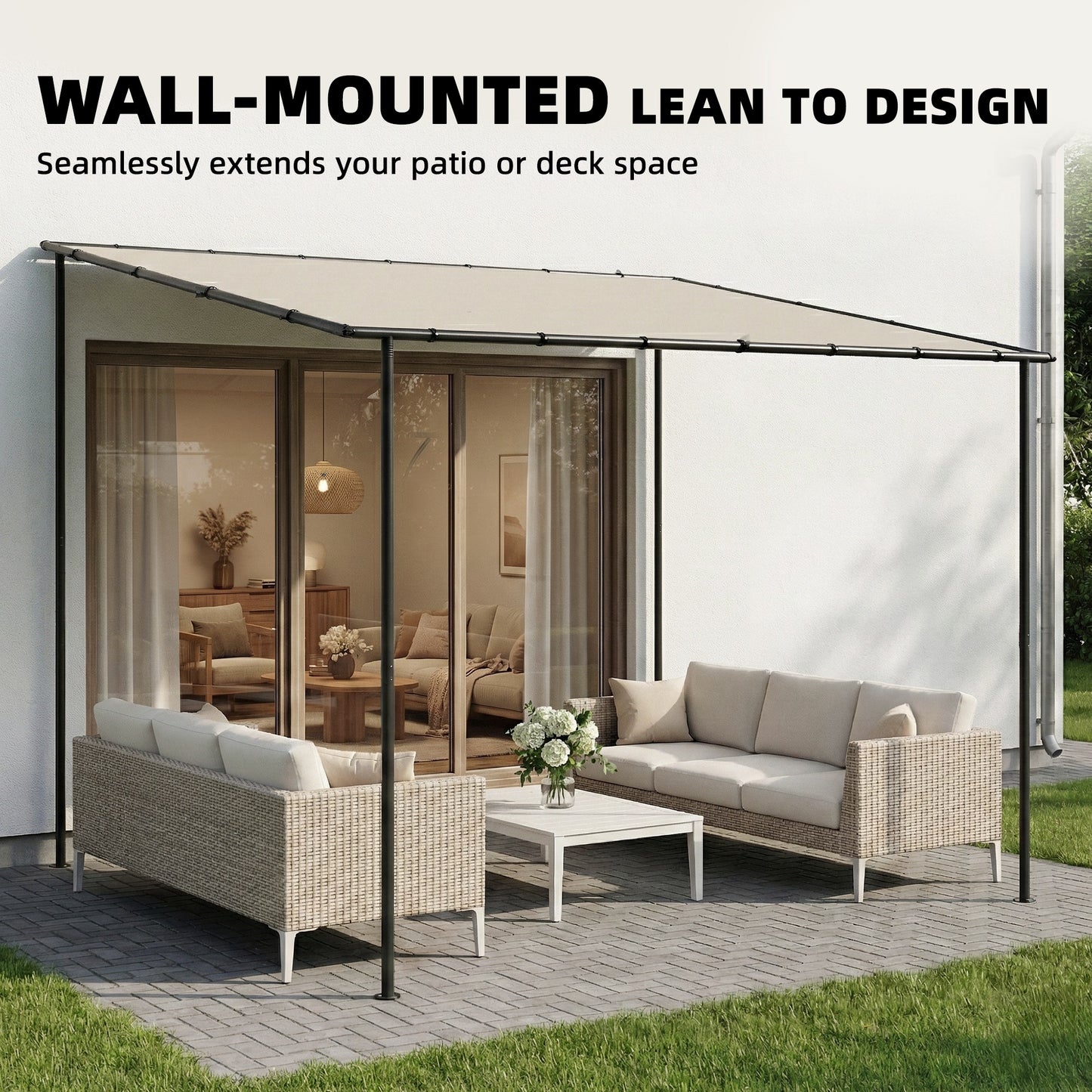 Outsunny 3 x 2 m Lean to Garden Pergola, Metal Frame Gazebo Pergola with UPF30+ Protection, Sloped Roof, Drainage Holes, Cream