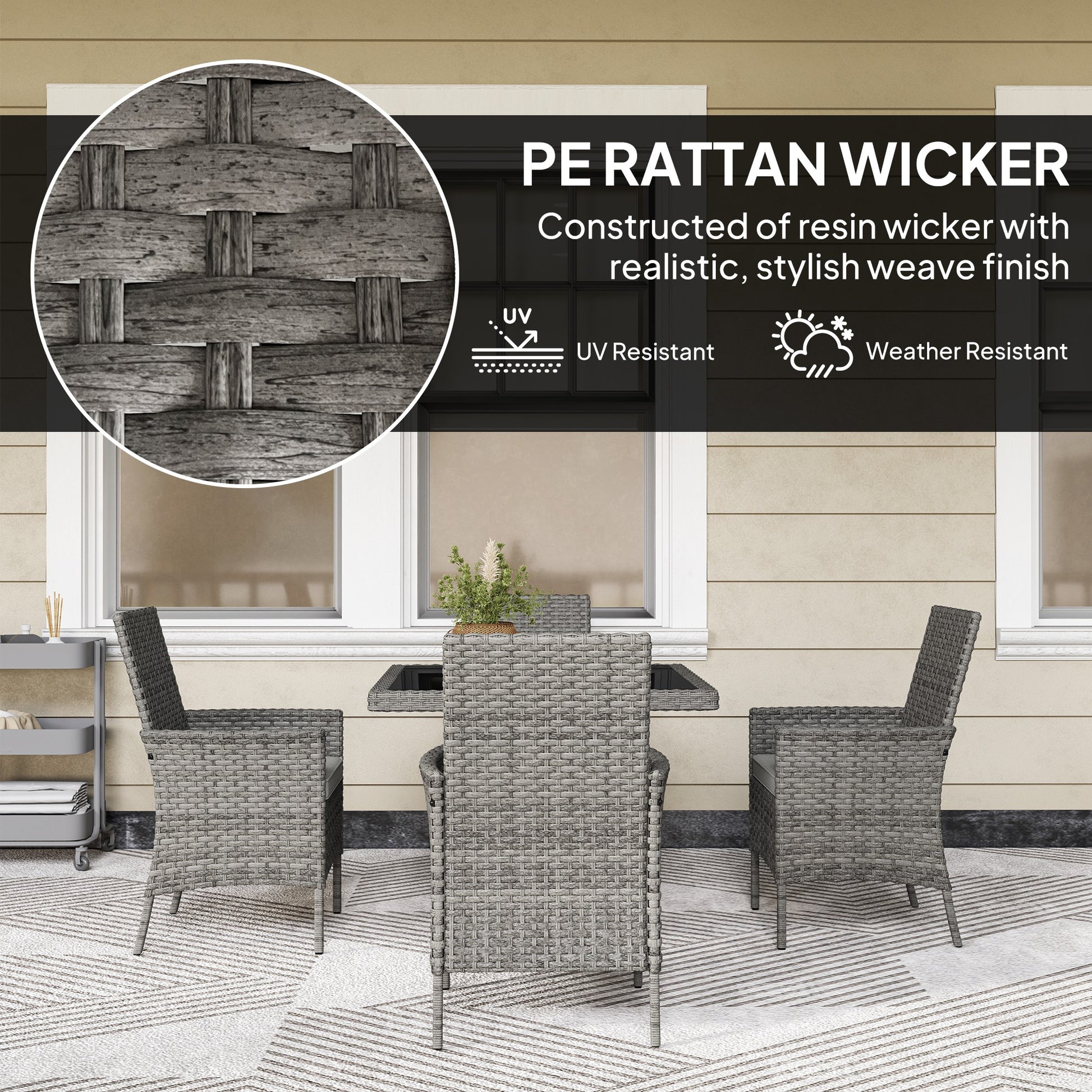 Outsunny Rattan Garden Furniture Set, Outdoor Dining Table and Chairs 4 Seater with Cushions, Square Tempered Glass Top, 4 Armchairs, for Balcony, Terrace, Conservatory, Grey