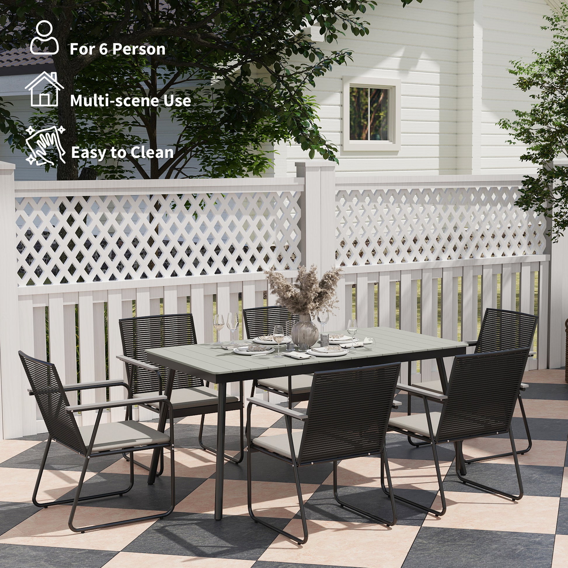 Outsunny 6‑Seater Garden Dining Set with Cushions, Rattan Backrest, Plastic Top, Garden Furniture Set, Grey