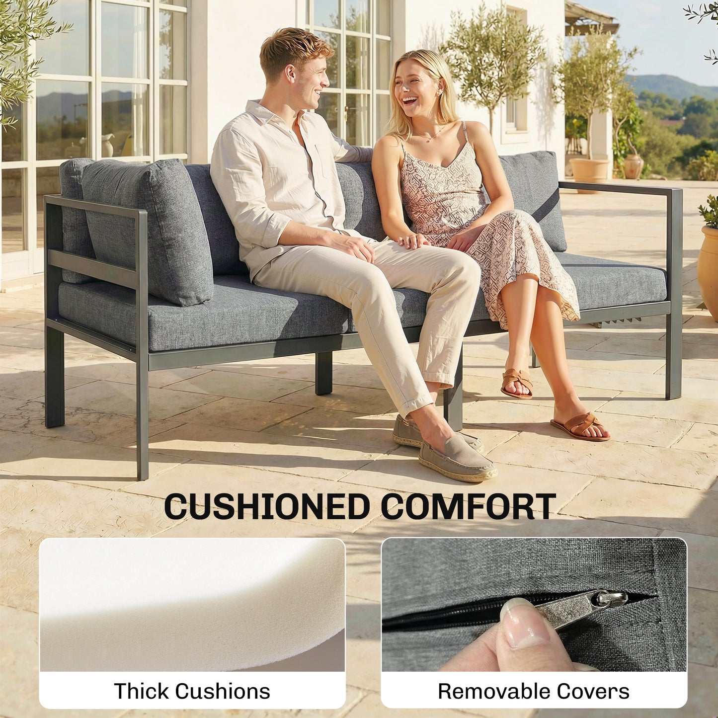 Outsunny 3 Pieces Garden Furniture Set, Aluminium Corner Lounge Set with Adjustable Backrest, Grey