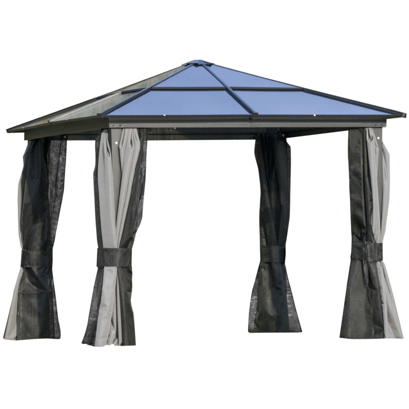 3m x 3m Premium Aluminium Hardtop Gazebo with Polycarbonate Roof, Privacy Curtains & Insect Netting – Dark Grey Garden Pavilion