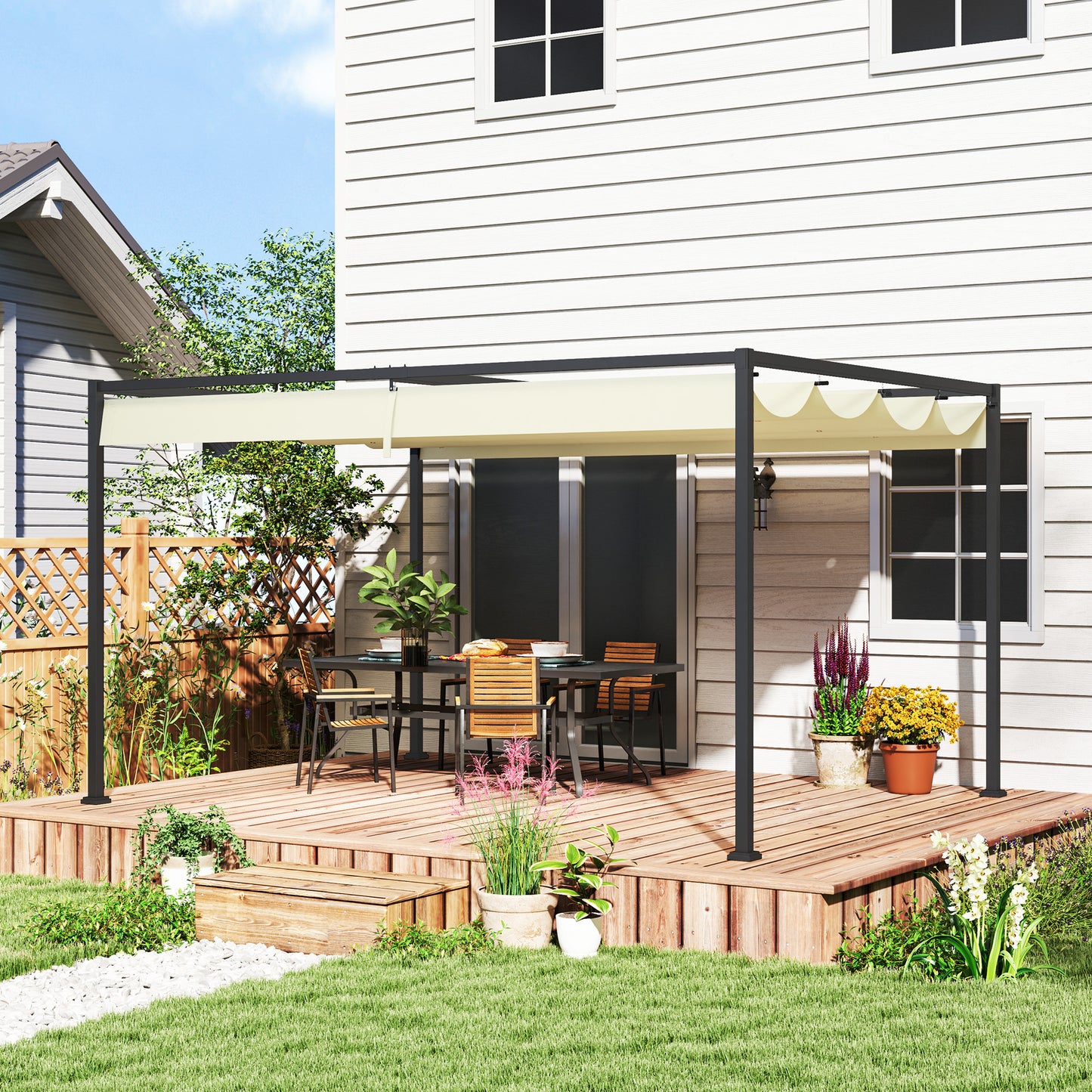4 x 3(m) Metal Pergola with Retractable Roof, Garden Gazebo Canopy Shelter, Patio, Cream White