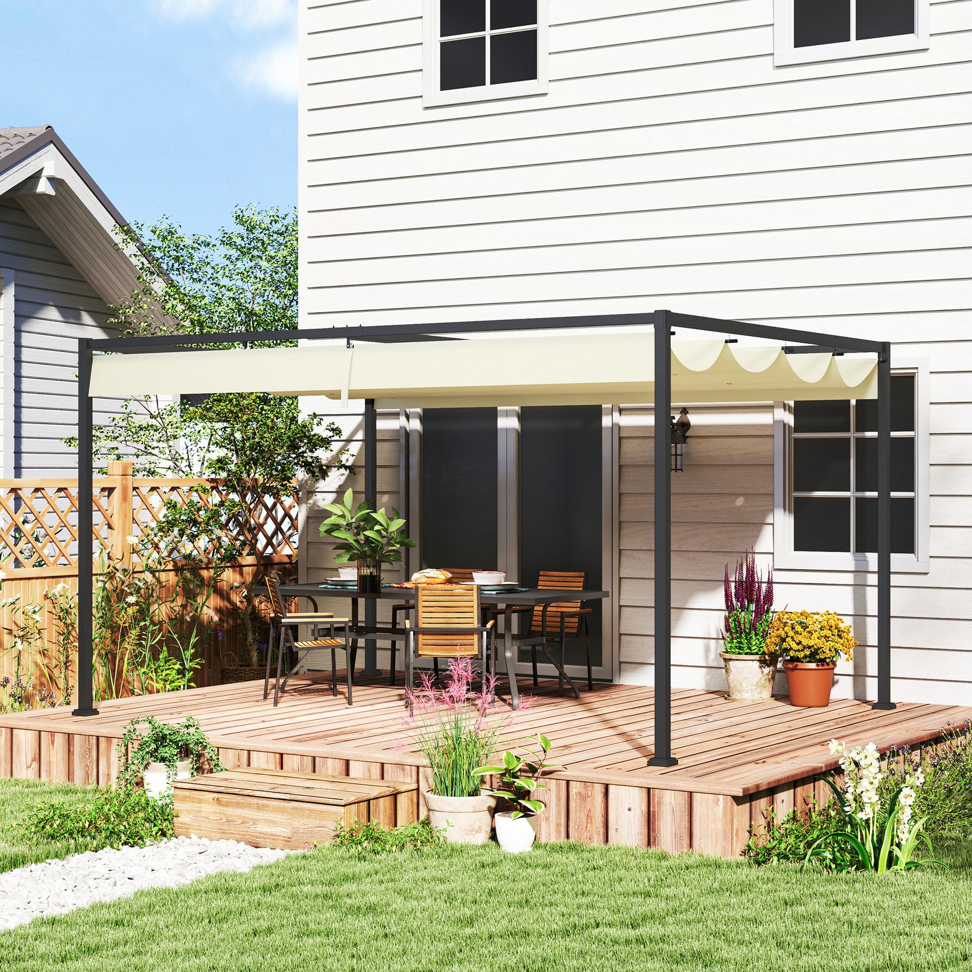 4 x 3(m) Metal Pergola with Retractable Roof, Garden Gazebo Canopy Shelter, Patio, Cream White
