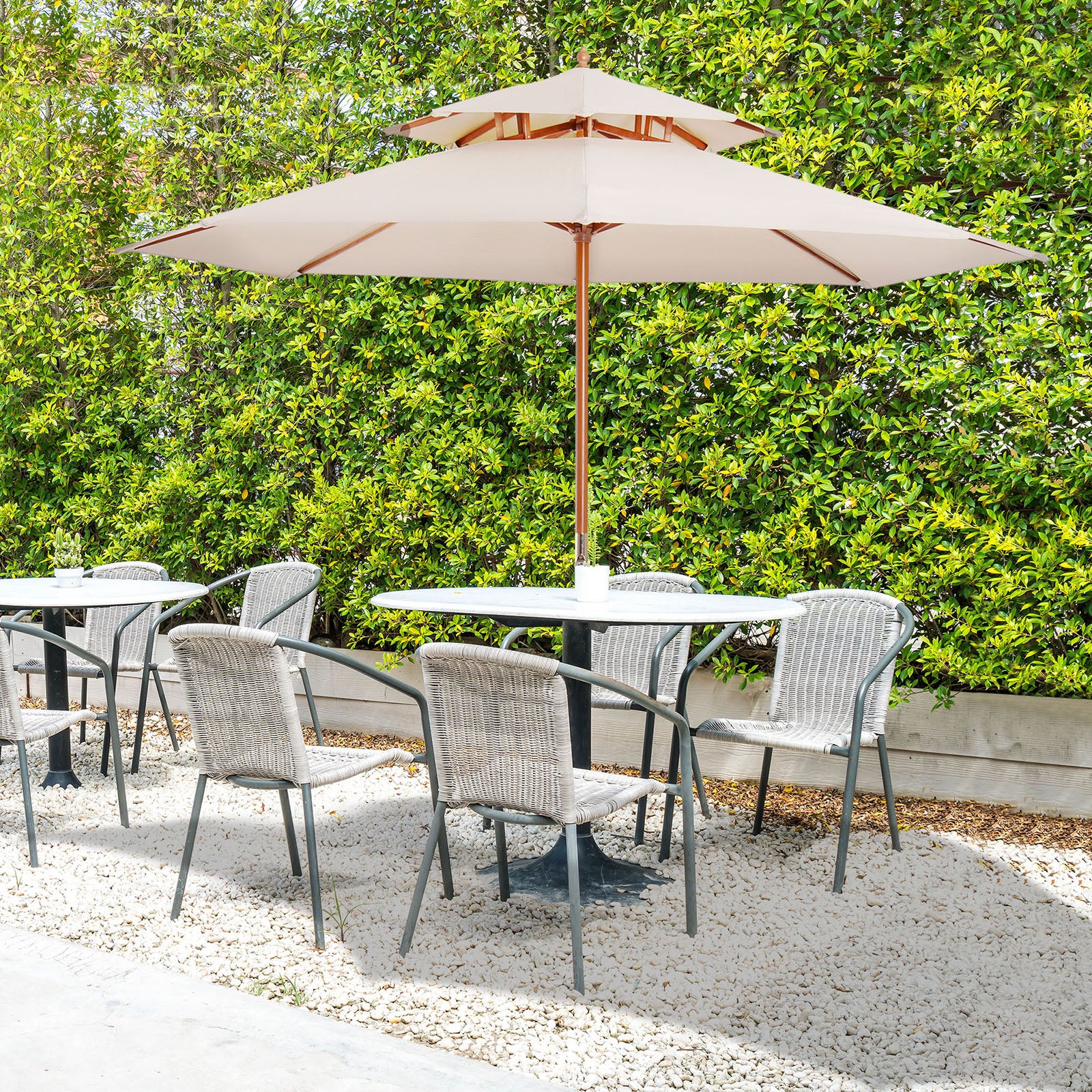 2.7m Wooden Parasol Elegant Two-Tier Design Garden Parasol Umbralle Shade, Beige