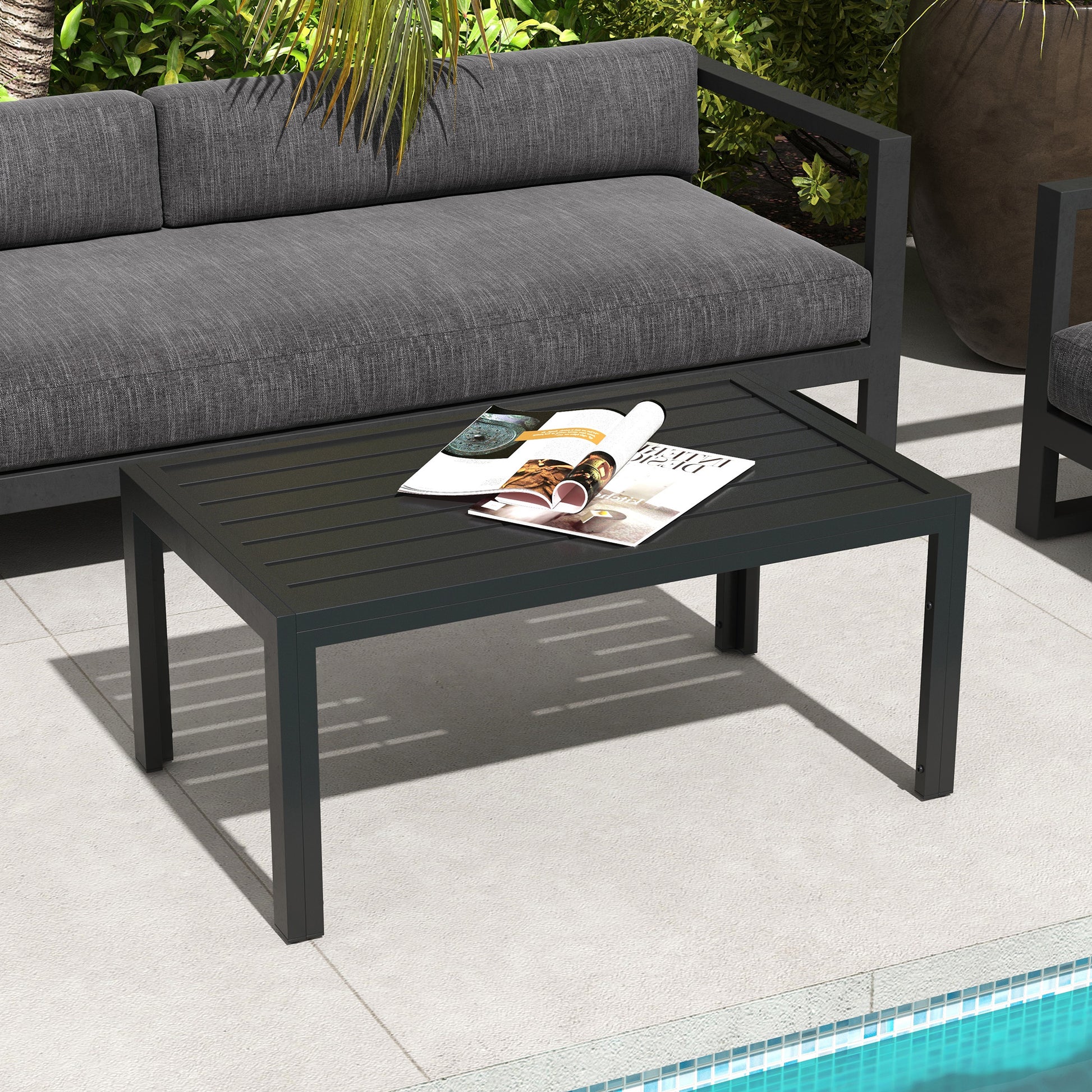 Portofino Outdoor Side Table, Rectangular Patio Coffee Side Table with Steel Frame and Slat Tabletop for Garden