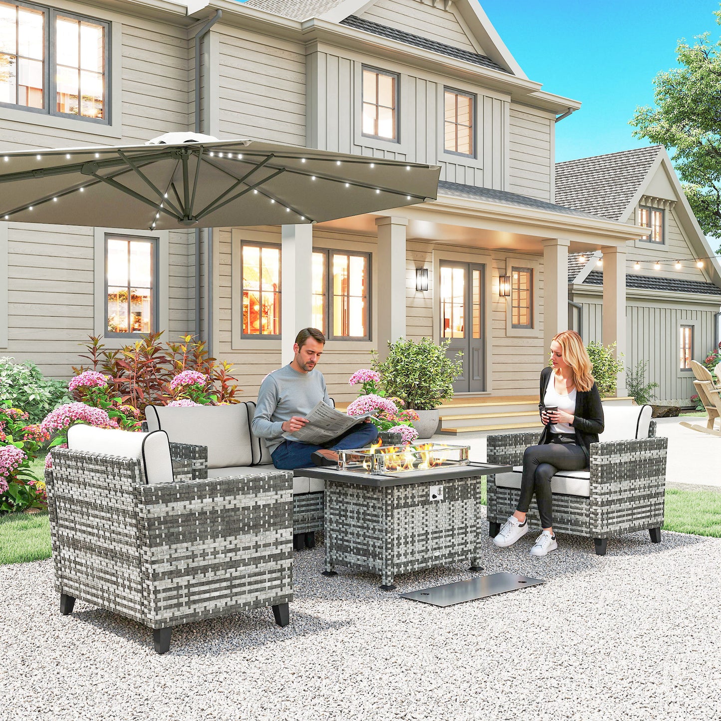 Amalfi 5-Piece Rattan Garden Furniture Set with Gas Fire Pit Table, Loveseat Sofa, Armchairs, Cushions, Pillows