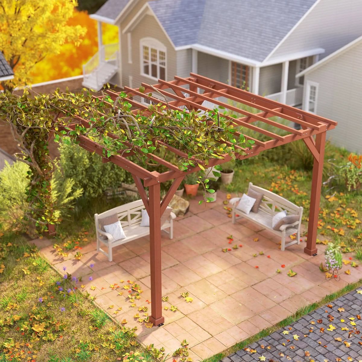 3.3m x 3.3m Wooden Pergola Kit – Garden Pergola with Grape Trellis Roof for Climbing Vines and Flowers
