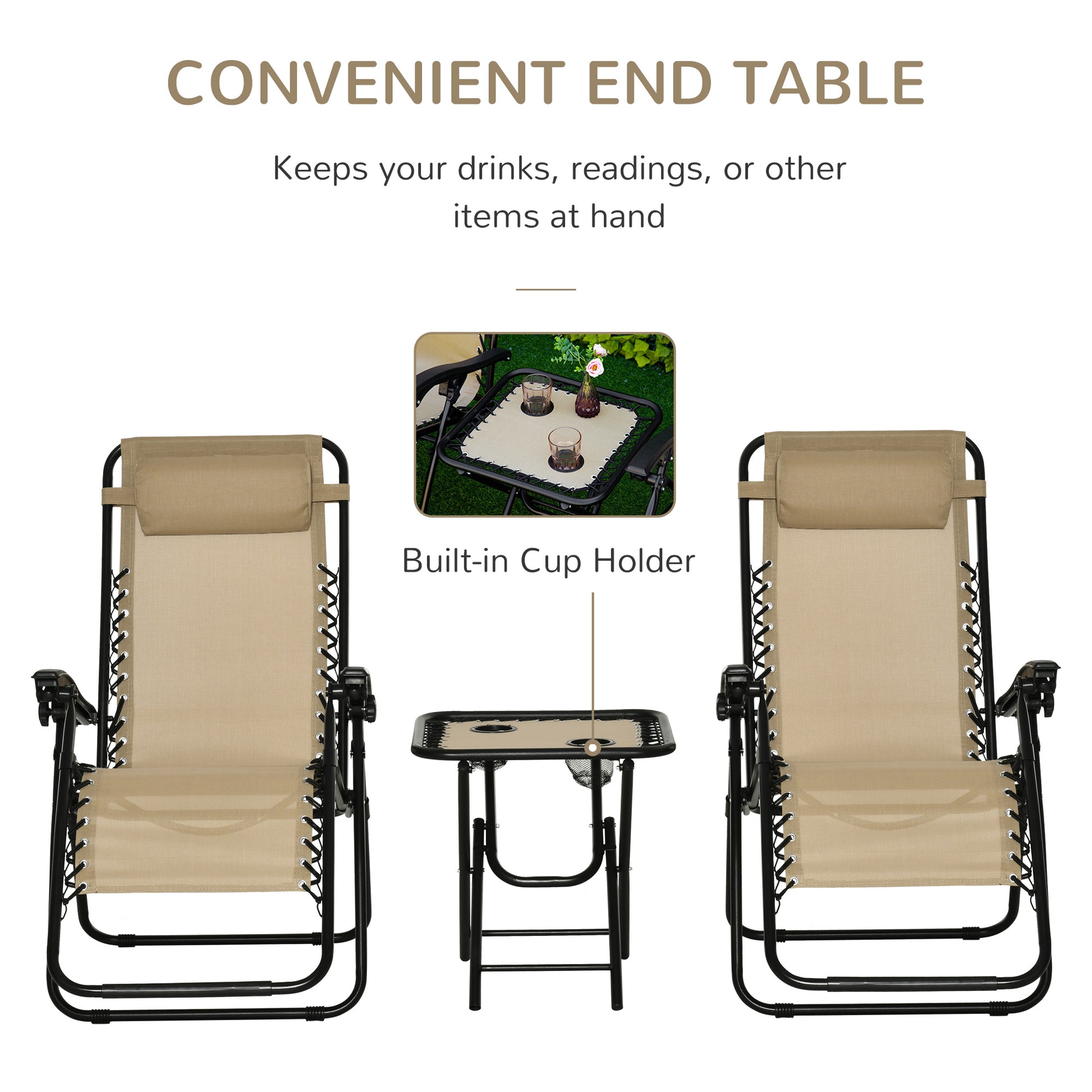Outsunny Folding Zero Gravity Chairs, 3 Pieces Adjustable Sun Lounger and Table Set with Cup Holder and Headrest, Patio Bistro Set with Reclining Garden Chairs for Outdoor, Beige