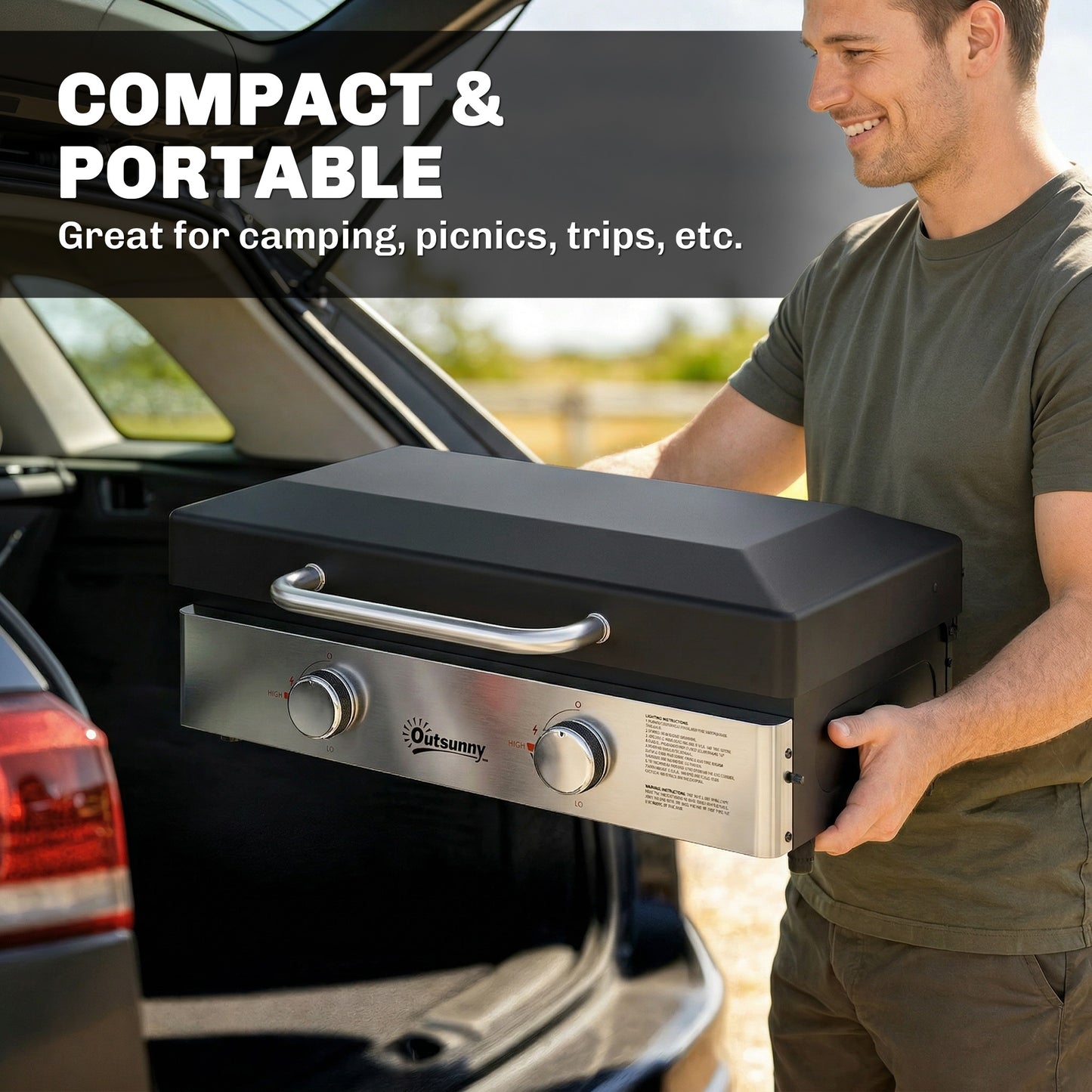 Outsunny 2 Burner Grill Griddle, Portable Gas Plancha, 6 kW, Tabletop Gas BBQ with Grease Cup for Camping Picnic Patios, Black