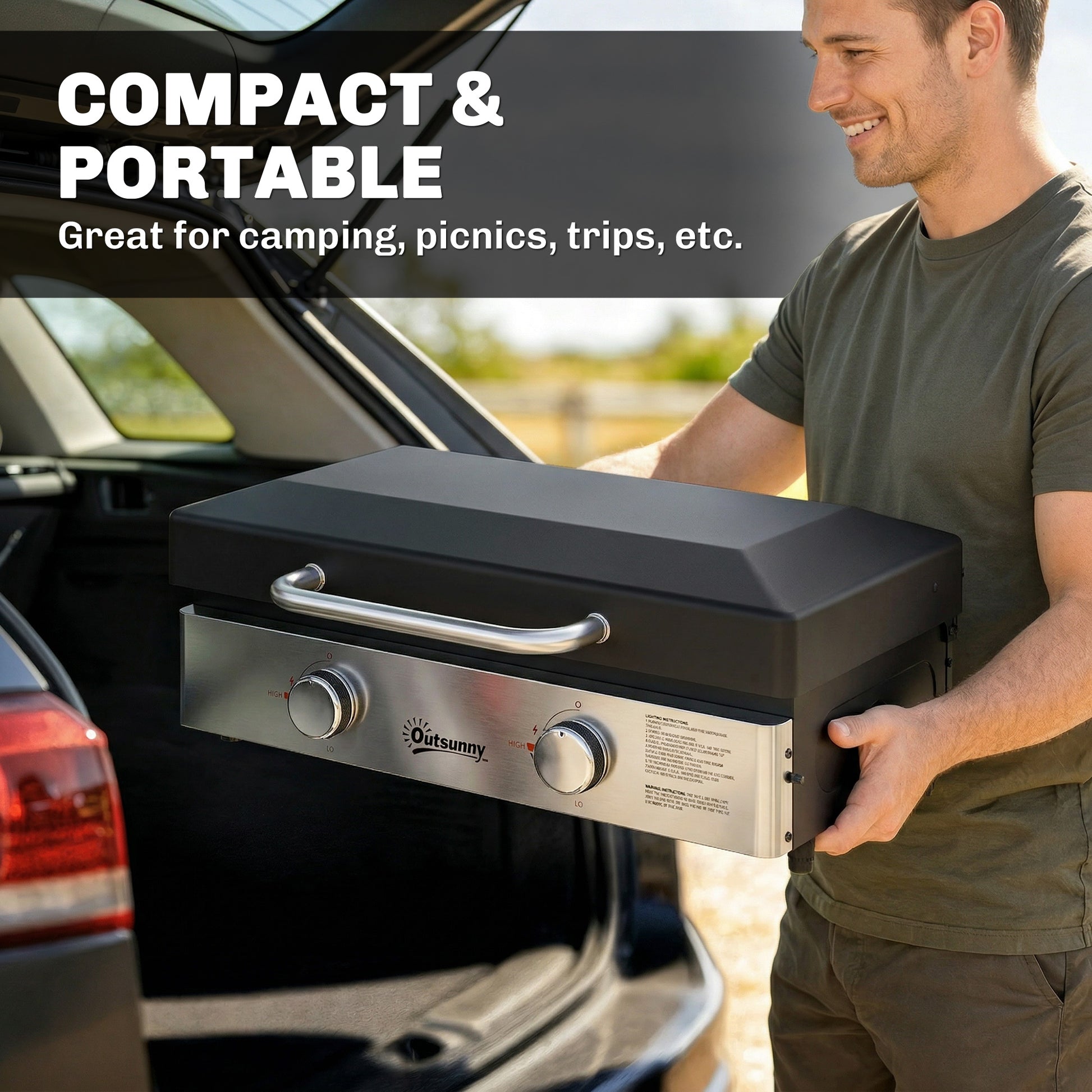 Outsunny 2 Burner Grill Griddle, Portable Gas Plancha, 6 kW, Tabletop Gas BBQ with Grease Cup for Camping Picnic Patios, Black