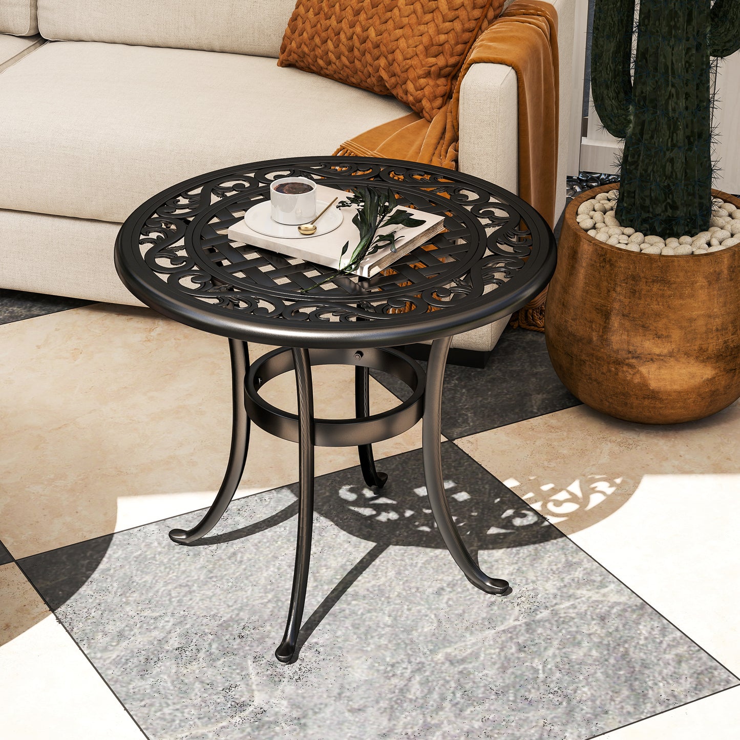 Ibiza Garden Table, Cast Aluminium Patio End Table with Anti-slip Foot Pads for Garden, Patio, Balcony