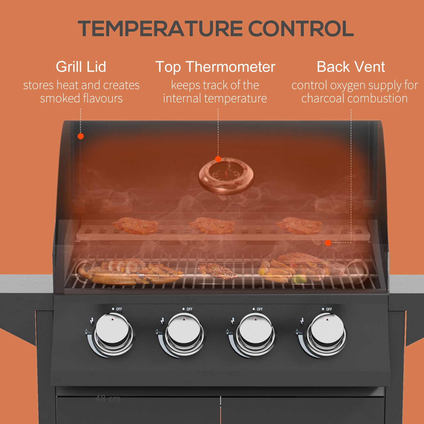 Outsunny 4 Burner Gas BBQ Grill Outdoor 11.6 kW Portable Barbecue Trolley w/ Warming Rack, Side Shelves, Cabinet