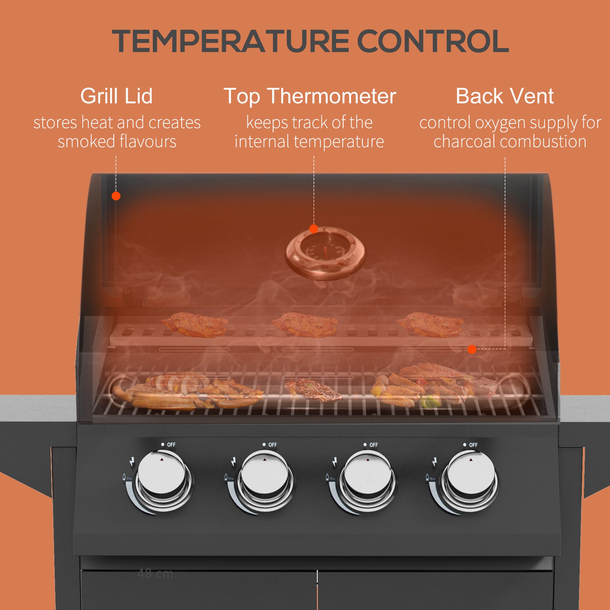 Outsunny 4 Burner Gas BBQ Grill Outdoor 11.6 kW Portable Barbecue Trolley w/ Warming Rack, Side Shelves, Cabinet