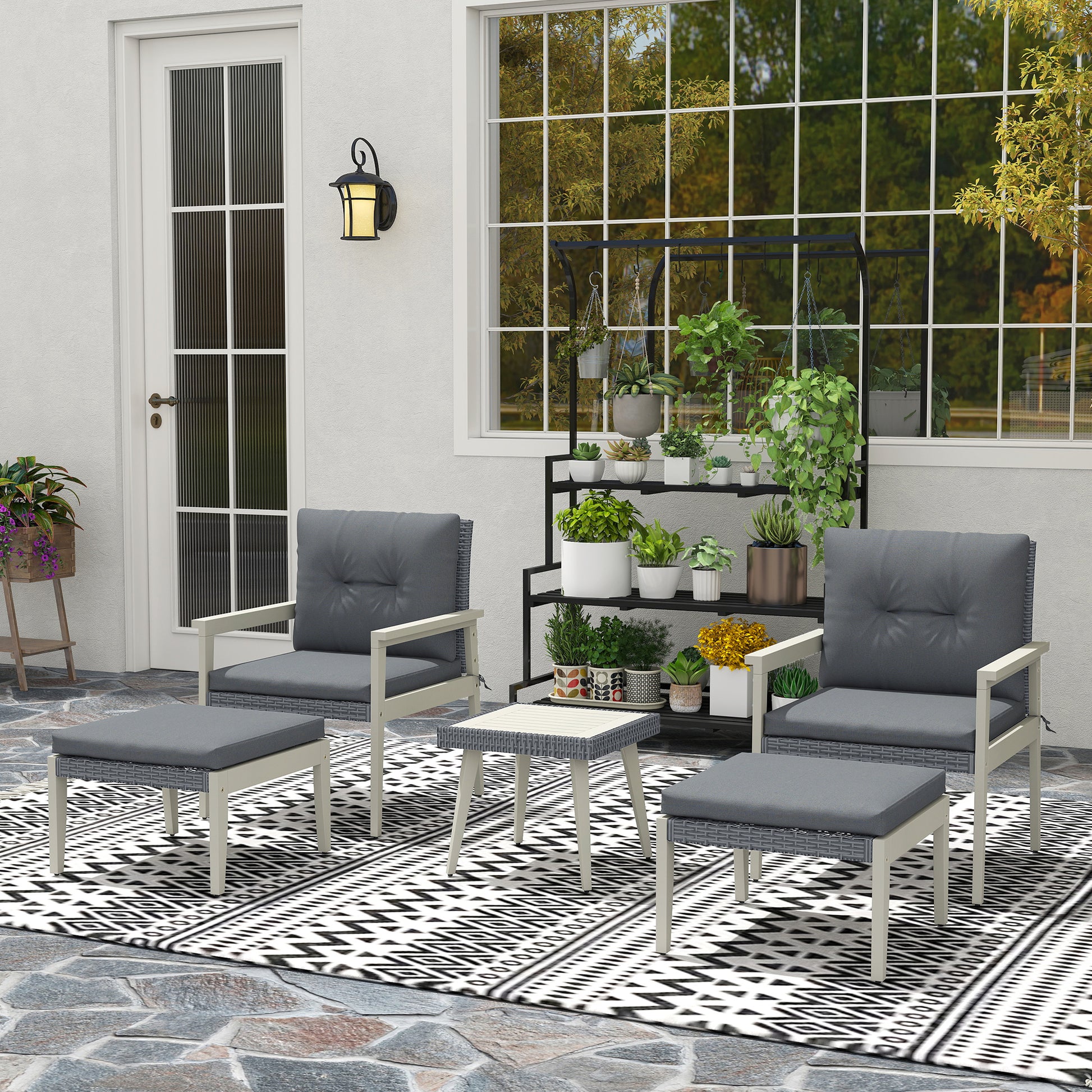 Outsunny Five-Piece Rattan Patio Set, with Wood-Top Table - Grey