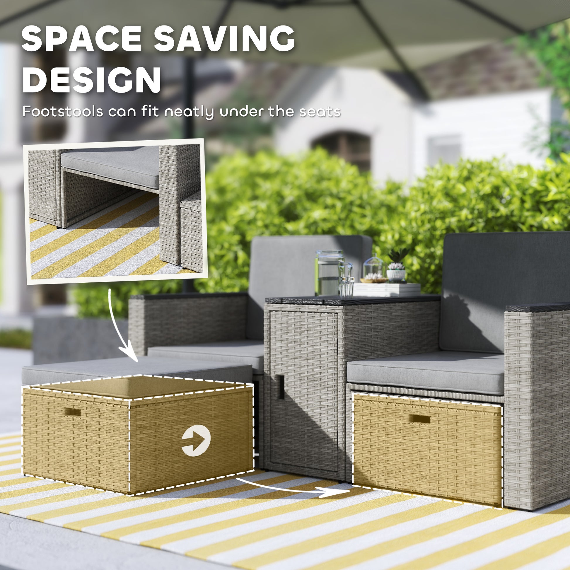 Outsunny 5 Piece Rattan Garden Furniture Set with Storage Table, Footstools, Cushions, Grey