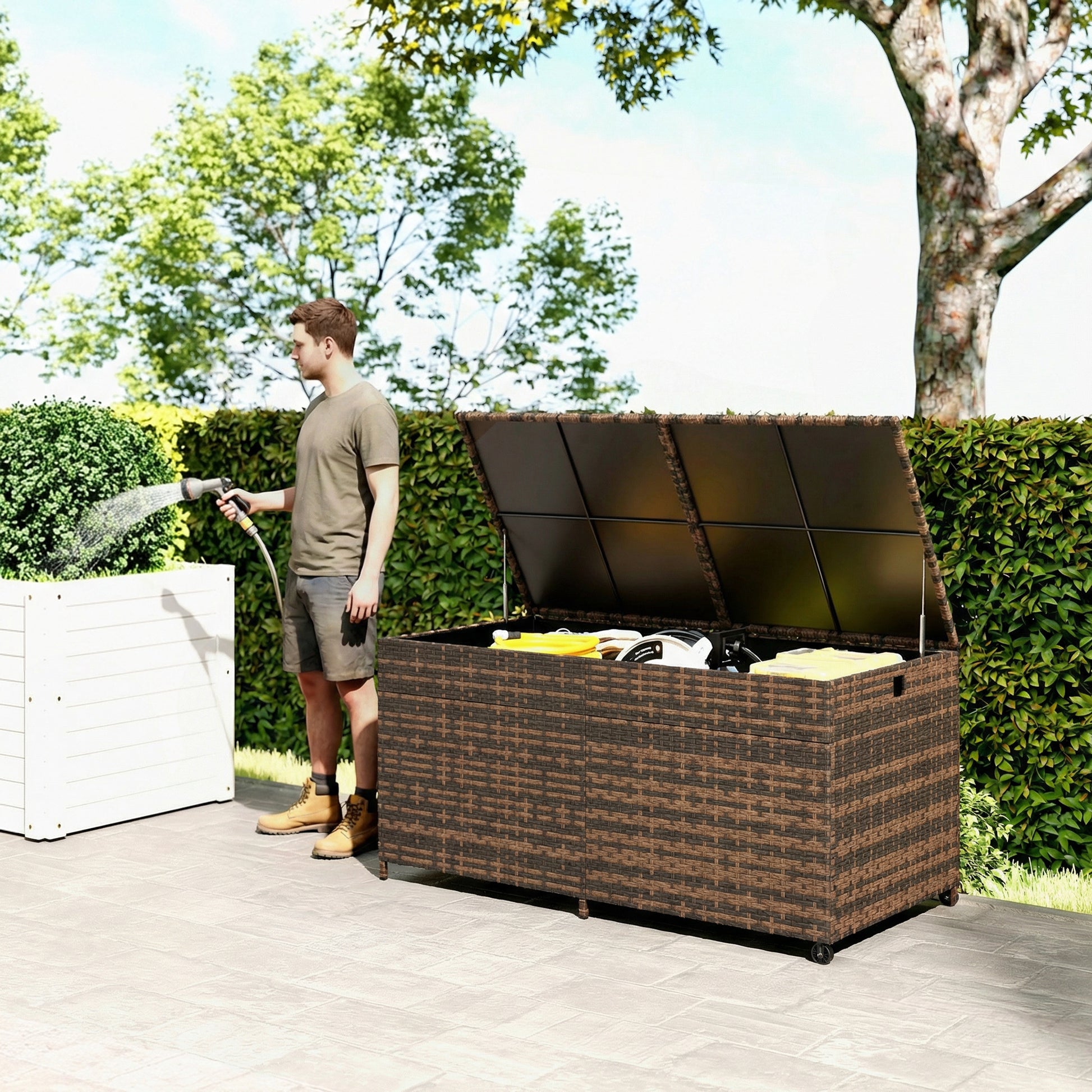 Outsunny - 650L Rattan Garden Storage Box, with Wheels, Mixed-Brown