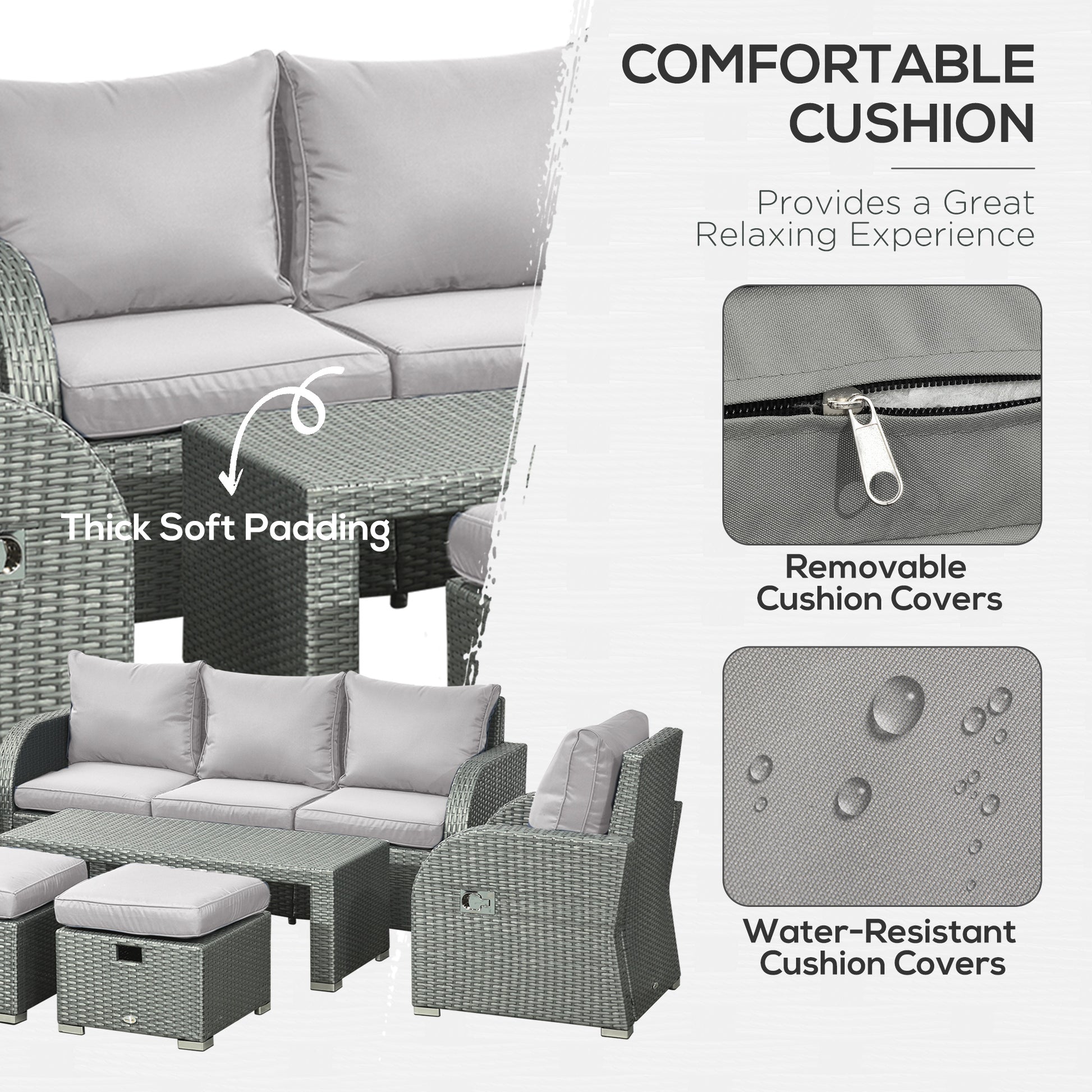 Outsunny Six-piece Outdoor Rattan Dining Set, Outdoor Sofa Set with Reclining Armchairs and Mental Frame, Grey
