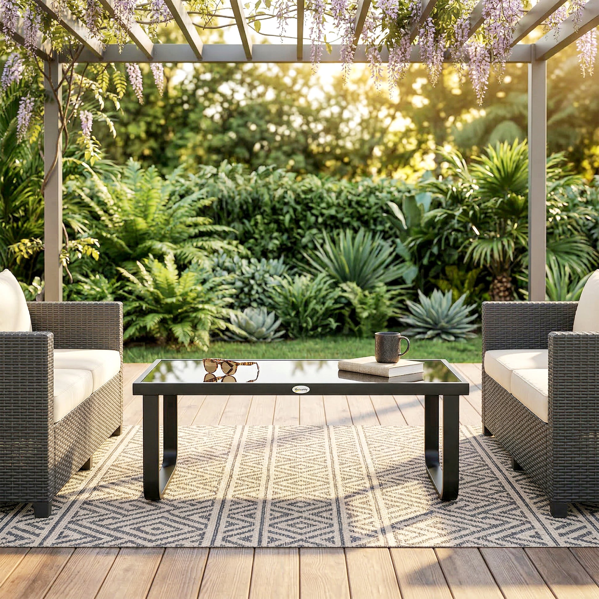 Outsunny Outdoor Garden Coffee Table, Rectangle Metal Side Table with Tempered Glass Tabletop, Adjustable Foot Pads