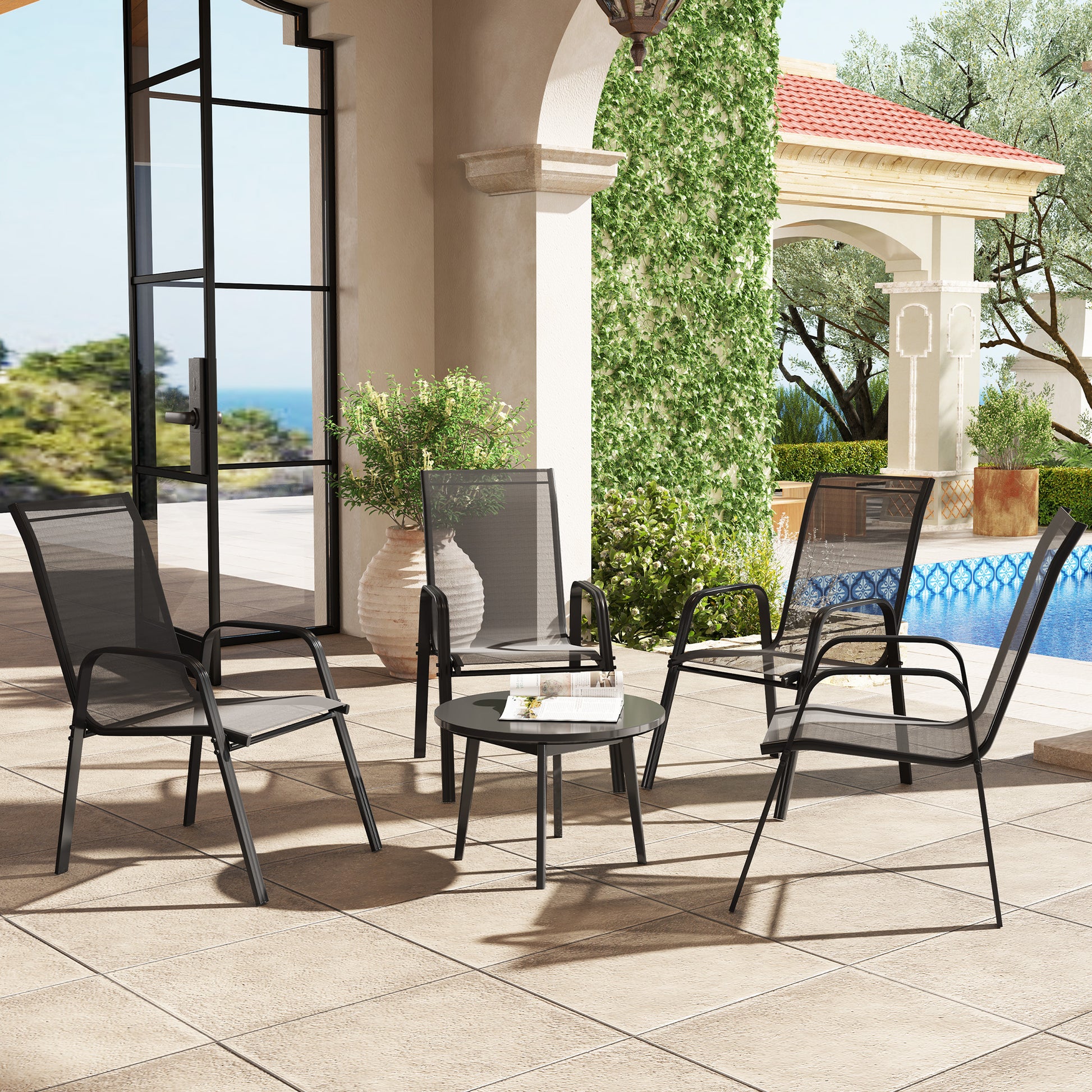 Monaco Set of Four Stackable Mesh Seat Chairs - Black