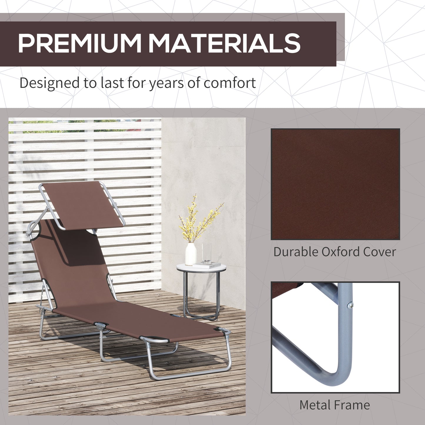 Outsunny 2 Pieces Outdoor Foldable Sun Lounger, 4 Level Adjustable Backrest Reclining Sun Lounger Chair with Angle Adjust Sun Shade Awning for Beach, Garden, Patio, Brown