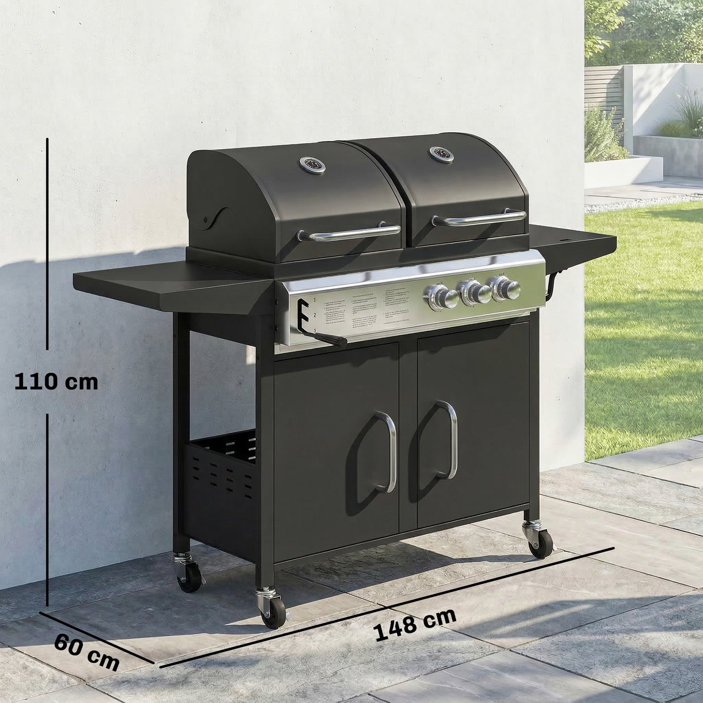 Outsunny 2+1 Burner Hybrid Dual Fuel BBQ Gas Grill, 2-in-1 Propane & Charcoal Barbecue Grill Smoker Combo with Wheels, Black