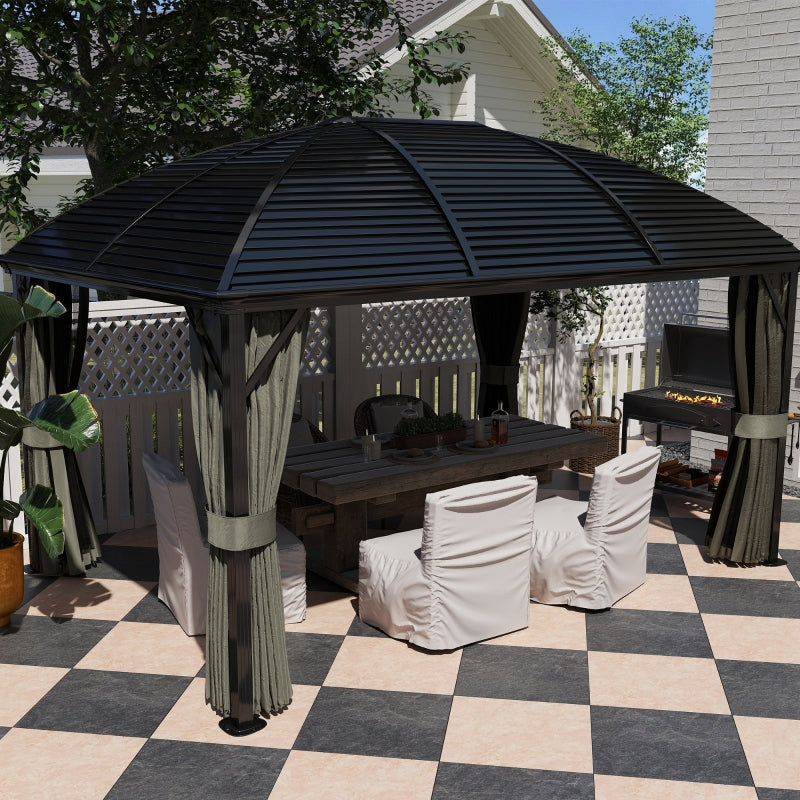 3m x 4m Dark Grey Hardtop Garden Gazebo Pavilion – Aluminium Frame with Steel Roof, Privacy Curtains & Insect Mesh Canopy Shelter