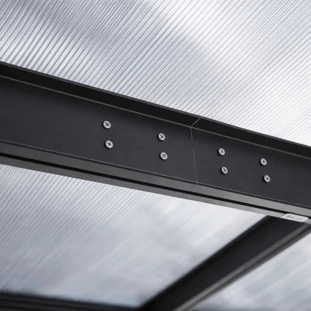 4.35m x 3m Wall Mounted Pergola – Aluminium Frame & Polycarbonate Roof – Grey Patio Cover