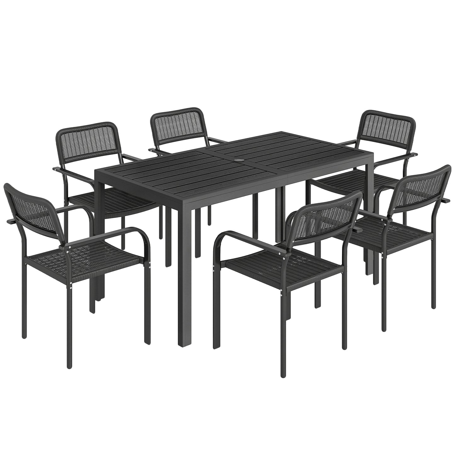 Outsunny Garden Dining Set for 6, Faux Wood Metal Outdoor Table and Stackable Chairs with Plastic Rattan Effect Seat, Black