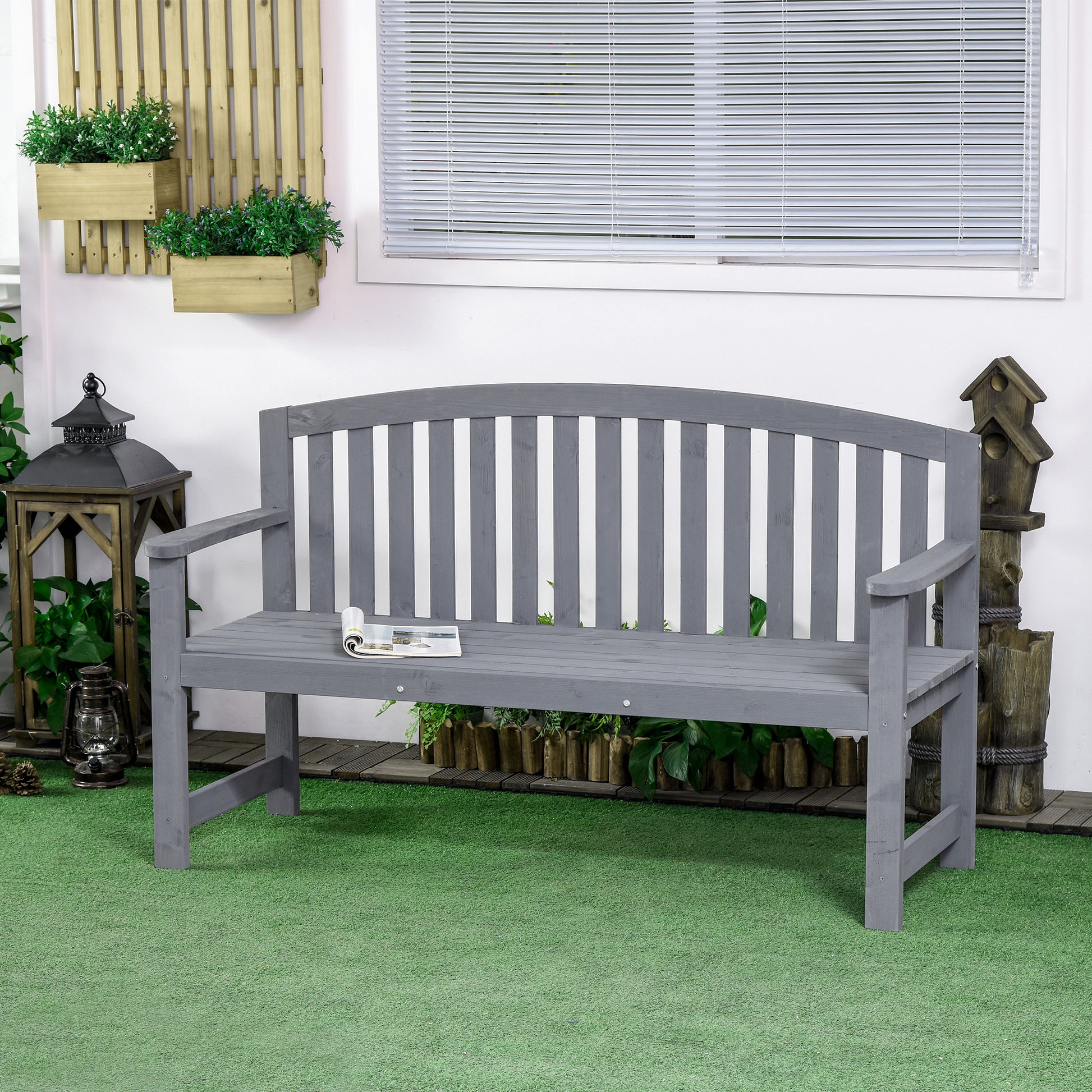 Ibiza 2 Seater Wooden Garden Bench with Armrest, Outdoor Furniture Chair for Park, Balcony, Grey