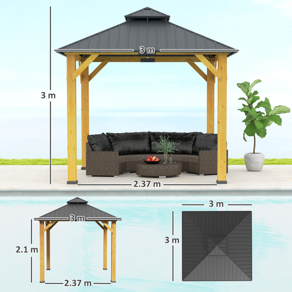 3m x 3m Wooden Frame Hardtop Gazebo with 2 – Tier Galvanised Steel Roof, Aluminium Posts & Grey Outdoor Patio Canopy Shelter