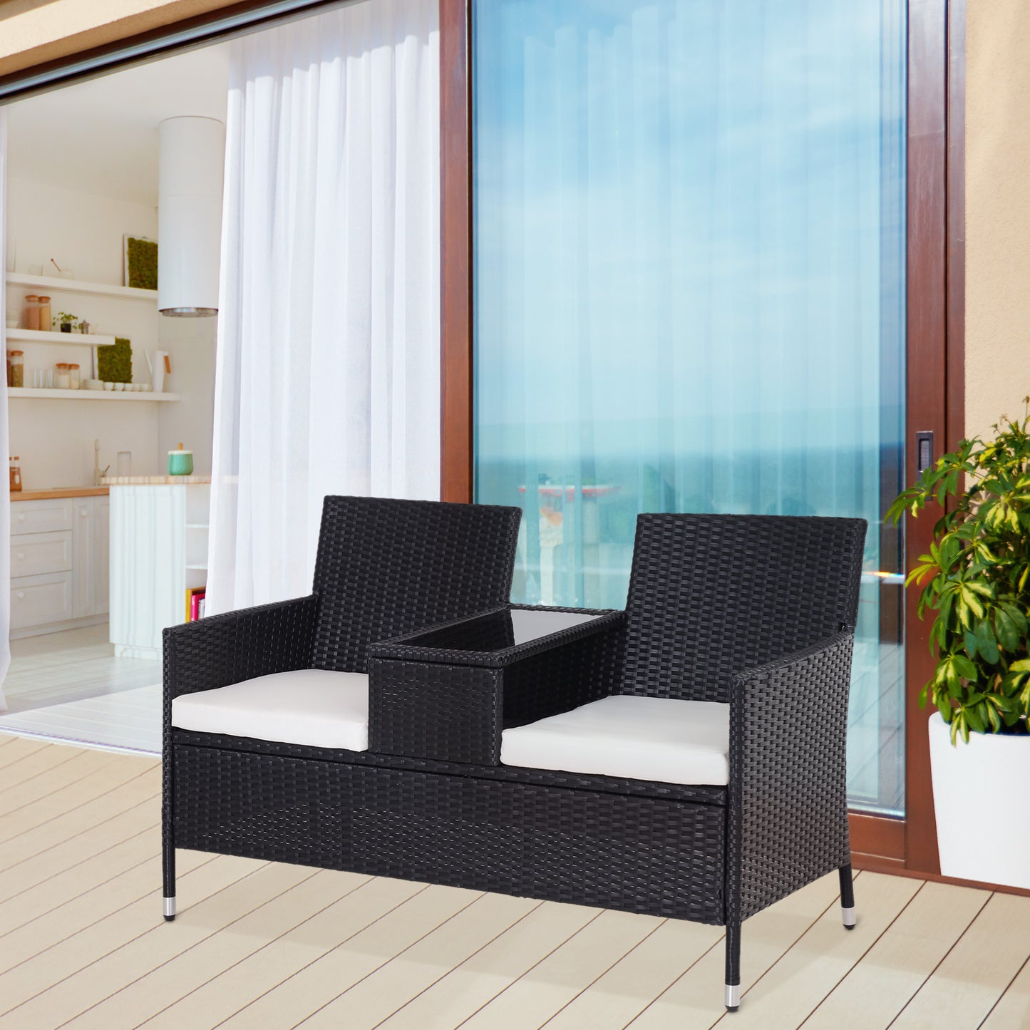 Amalfi 2-Seater Rattan Chair Set W/Middle Tea Table-Black