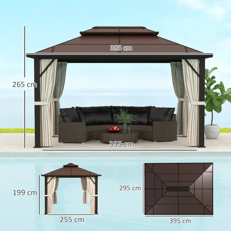 4m x 3m Beige Permanent Hardtop Gazebo – UPF30+ Polycarbonate Double Roof Pavilion with Aluminium Frame, Curtains & Mosquito Netting for Garden, Patio & Deck